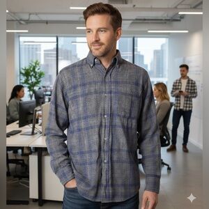 Haggars EZs Flannel Shirt Cotton Plaid Charcoal Gray Blue Button Down M Vintage